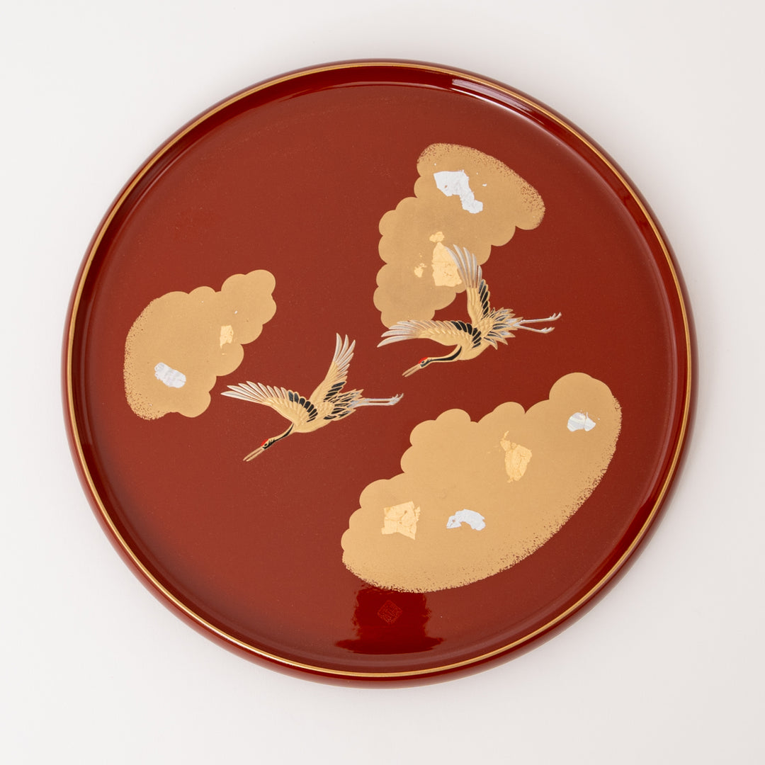 Round Japanese O-Bon tray with flying cranes