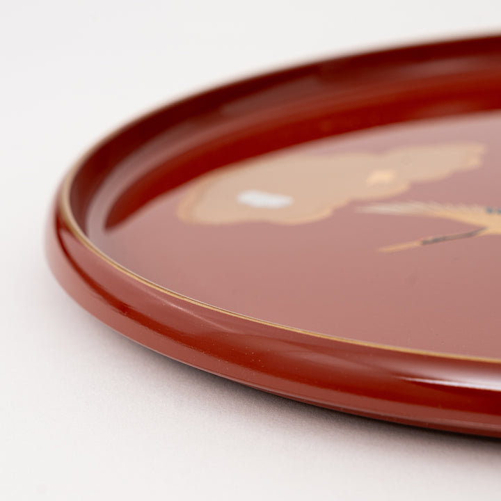 Red Japanese Lacquer Serving Tray with Gold Crane Design