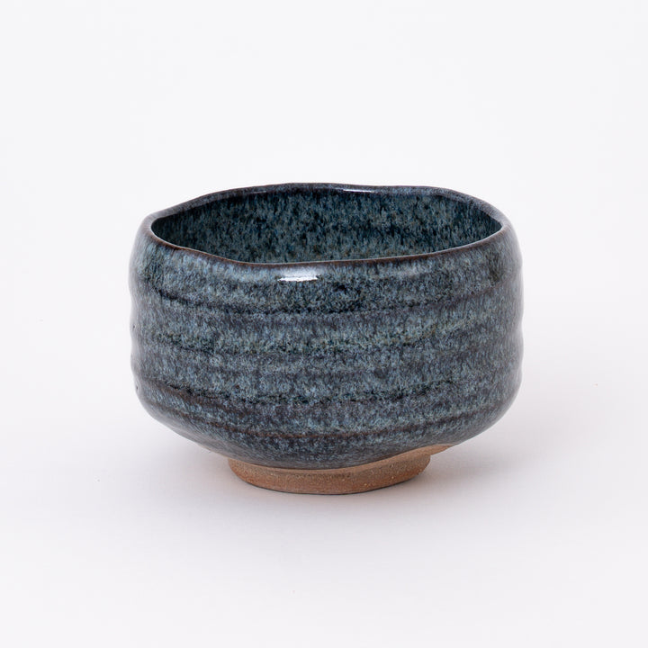 Handcrafted Japanese Mino Ware Blue Ash Matcha Bowl with a flowing blue ash glaze, made in Japan.