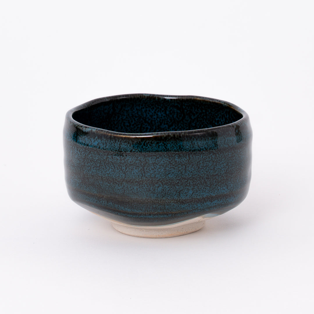 Handcrafted Japanese Mino Ware Ao Tenmoku Matcha Bowl with a rich blue-black glaze, made in Japan.