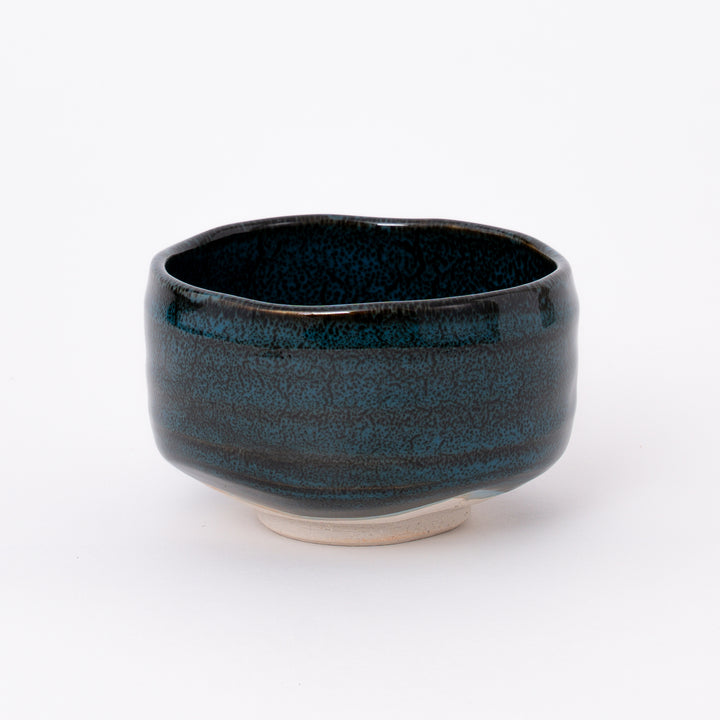 Handcrafted Japanese Mino Ware Ao Tenmoku Matcha Bowl with a rich blue-black glaze, made in Japan.