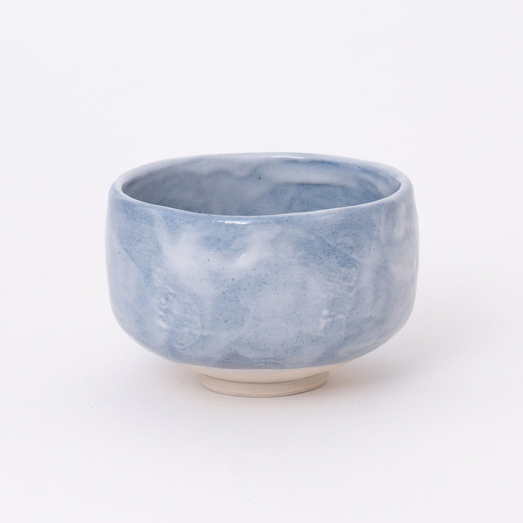 Handcrafted Japanese Mino Ware Ao Shino Matcha Bowl with a soft blue Shino glaze, made in Japan.