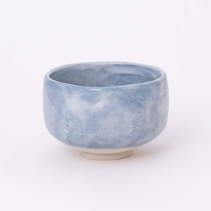 Handcrafted Japanese Mino Ware Ao Shino Matcha Bowl with a soft blue Shino glaze, made in Japan.