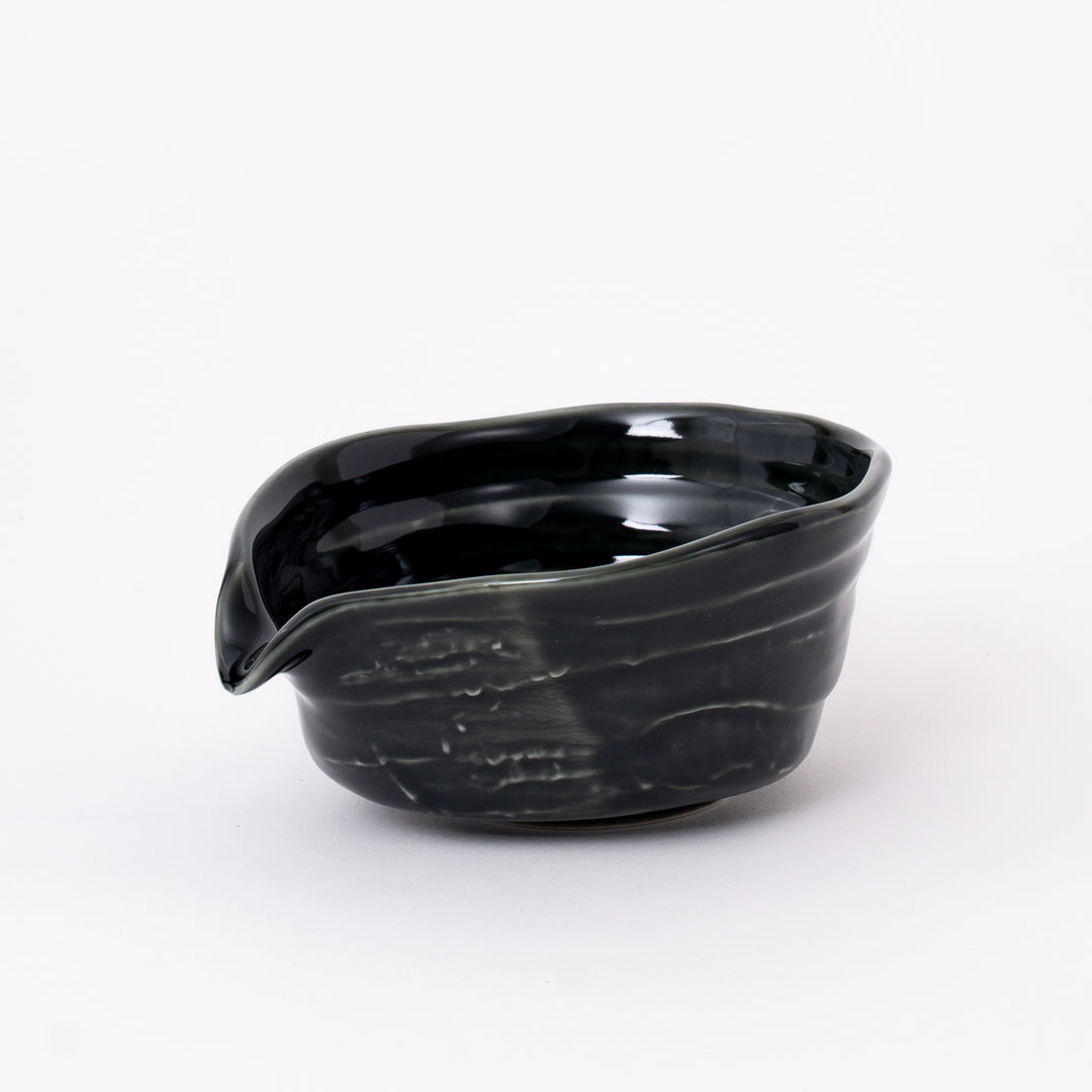 Handcrafted Japanese Mino Ware Oribe Katakuchi Matcha Bowl with deep green glaze, made in Japan.