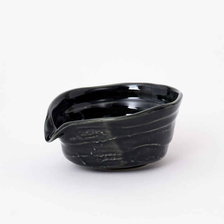 Handcrafted Japanese Mino Ware Oribe Katakuchi Matcha Bowl with deep green glaze, made in Japan.