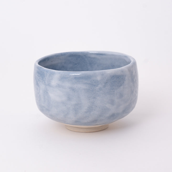 Front view of a Japanese Mino Ware Ao Shino Matcha Bowl featuring a soft blue and white glaze.