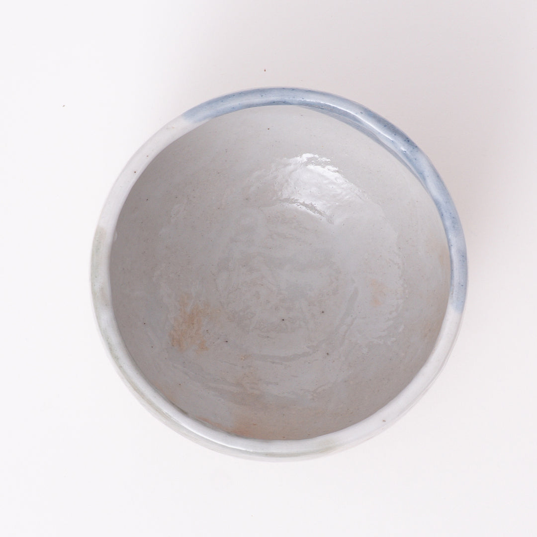 Top view of a Mino Ware Mist Blue matcha bowl for traditional Japanese tea ceremony