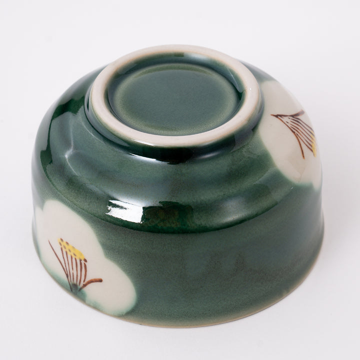 Bottom view of a handmade Japanese Seto Ware ceramic matcha bowl 