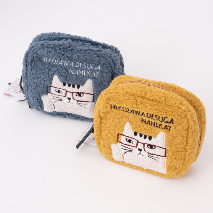 Kusuguru Japan Embroidered Glasses Cat Fluffy Plush Pouch