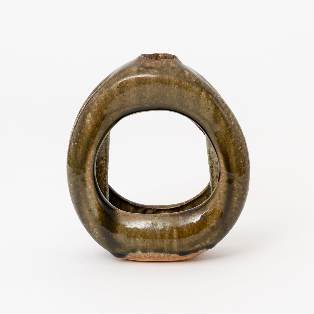 Olive sculptural Shigaraki vase with rounded form and earthy glaze