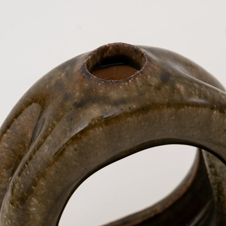 Top opening detail of olive sculptural Shigaraki flower vase