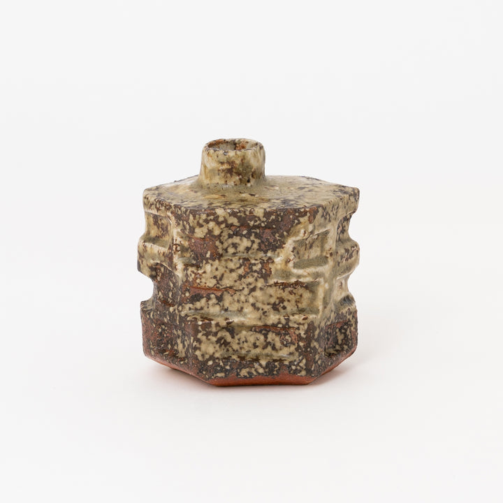 Mottled earth Shigaraki mini vase with sculptural block form