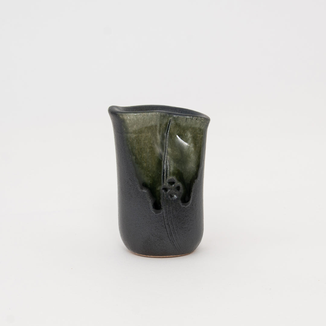 Olive green botanical Shigaraki mini vase with charcoal pottery body