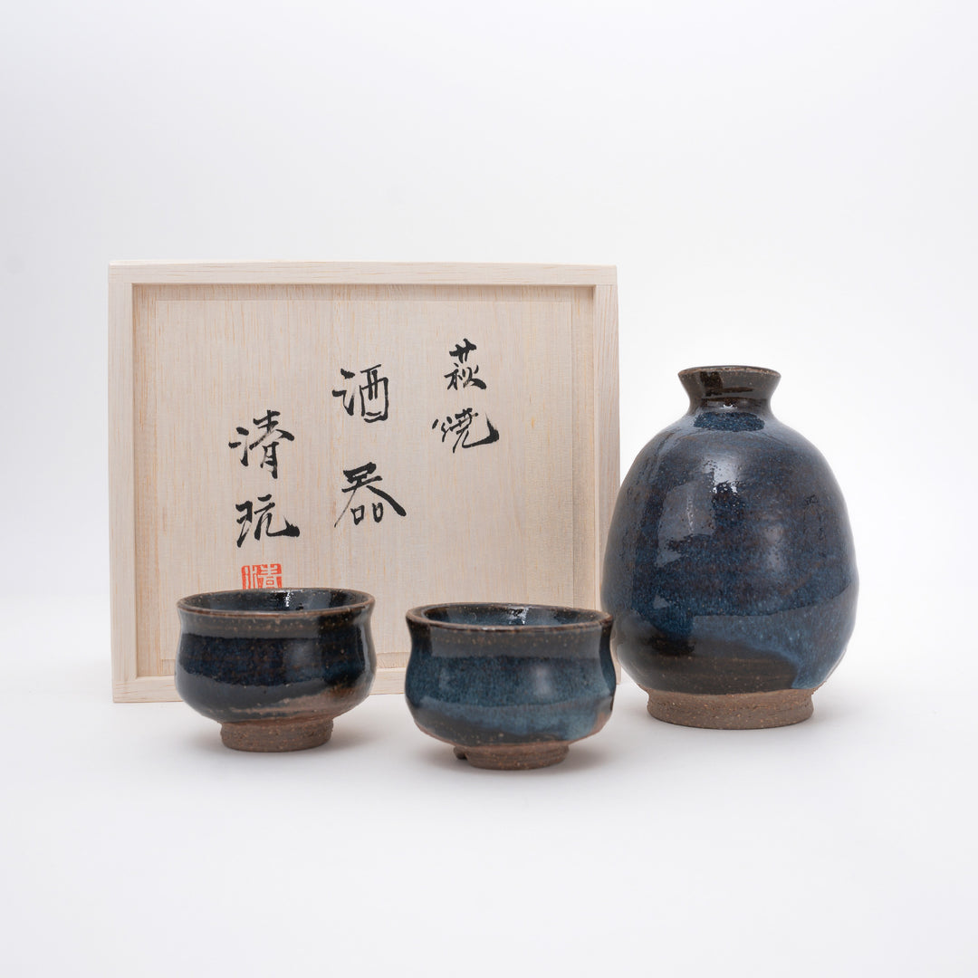 Handmade Blue Hagi Sake Set by Seigan Yamane