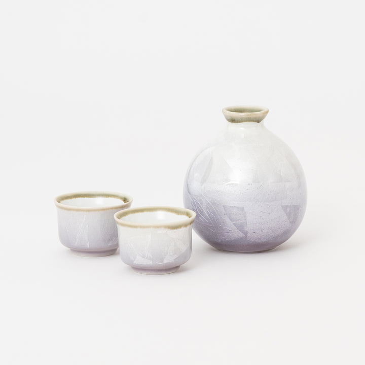 Kutani Ware Japanese Sake Set – Silver Lavender Tokkuri & 2 Cups