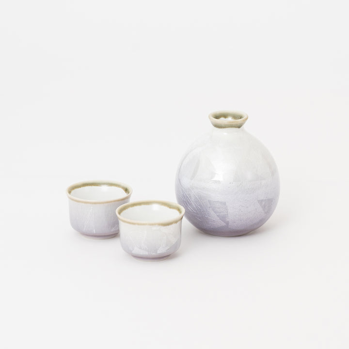 Kutani Ware Japanese Sake Set – Silver Lavender Tokkuri & 2 Cups