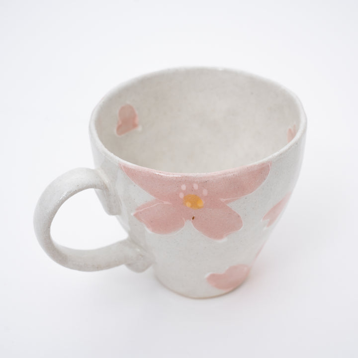 Handmade Japanese Seto Ware White Mug with Pink Flowers Made in Japan