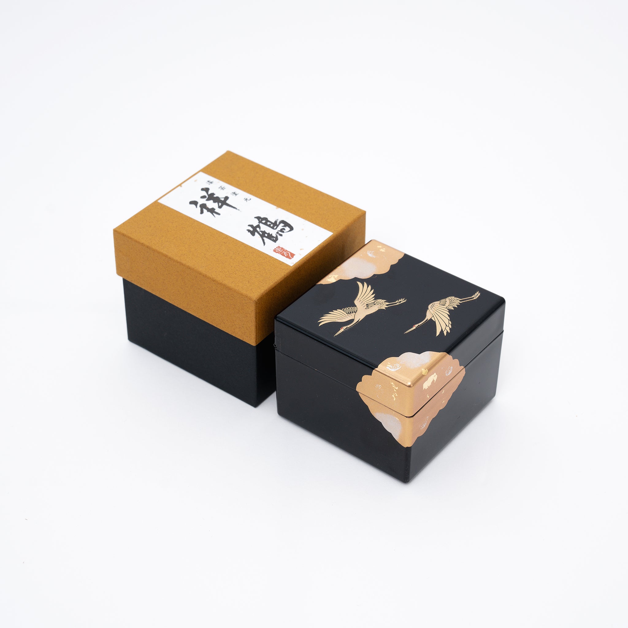 Small Black Jewelry Box with Mirror | Gold Crane Design | Handmade