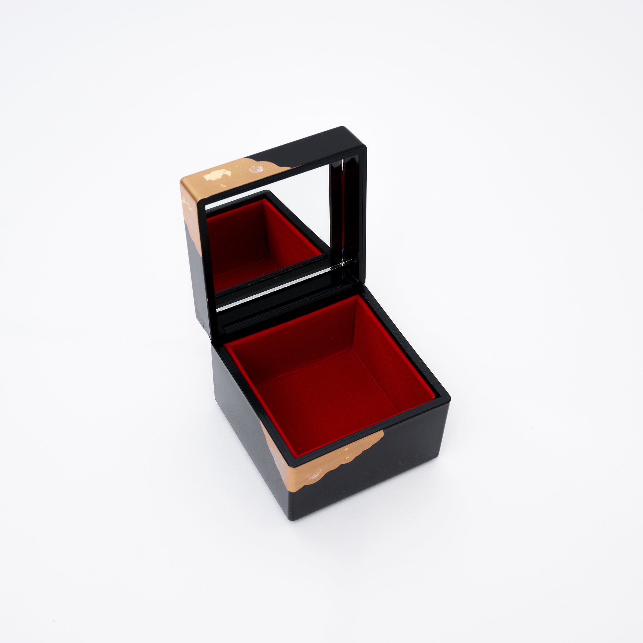 Small Black Jewelry Box with Mirror | Gold Crane Design | Handmade