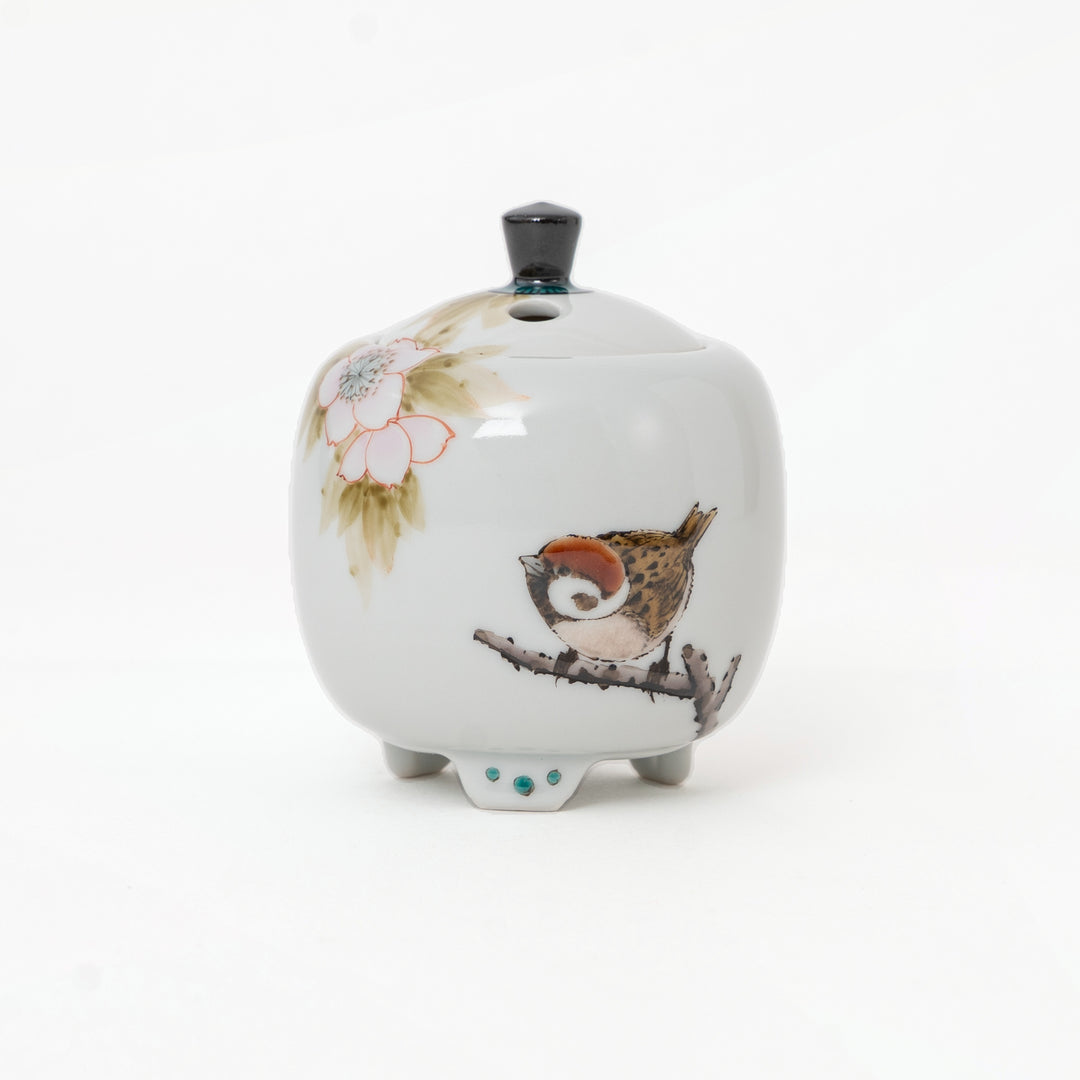 Nakamura Toshito Kutani ware mini incense burner Sakura and Sparrows, view 5