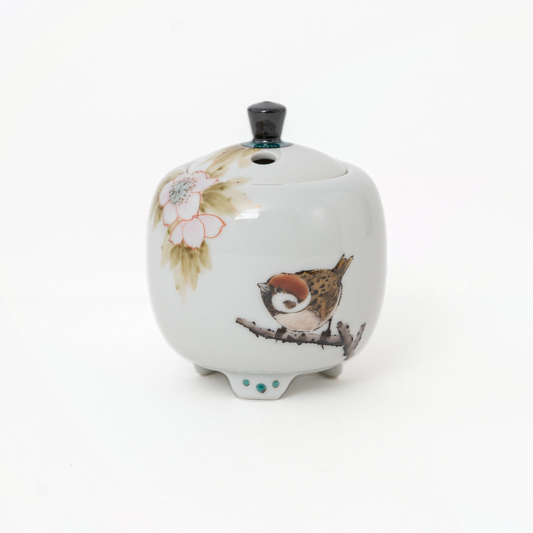 Nakamura Toshito Kutani ware mini incense burner Sakura and Sparrows, view 6