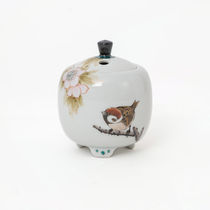 Nakamura Toshito Kutani ware mini incense burner Sakura and Sparrows, view 6