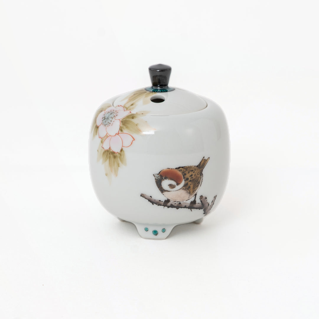Nakamura Toshito Kutani ware mini incense burner Sakura and Sparrows, view 7