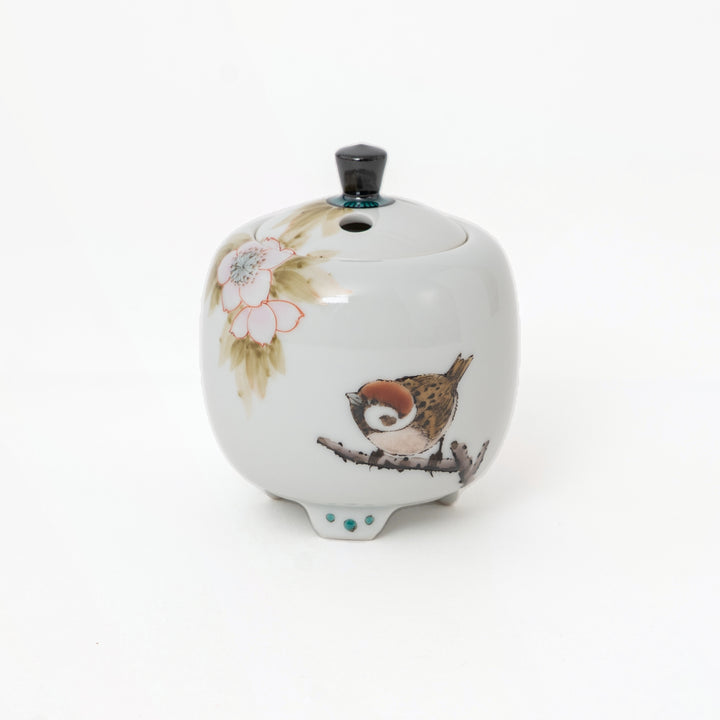 Nakamura Toshito Kutani ware mini incense burner Sakura and Sparrows, view 7