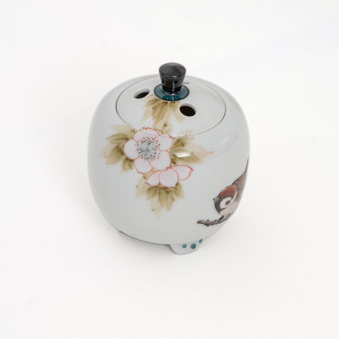 Nakamura Toshito Kutani ware mini incense burner Sakura and Sparrows, view 8