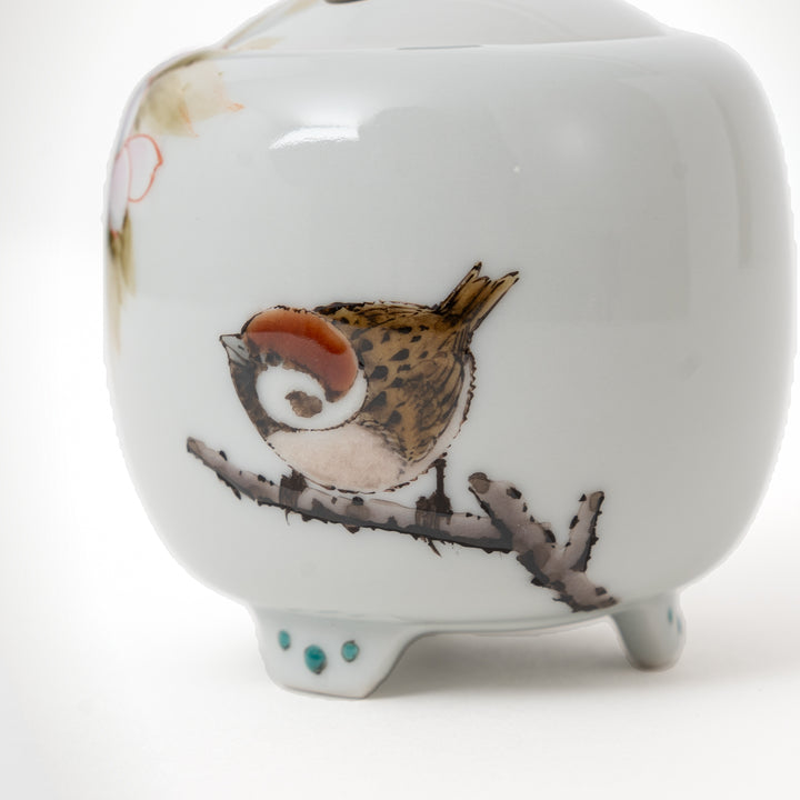 Nakamura Toshito Kutani ware mini incense burner Sakura and Sparrows, view 2