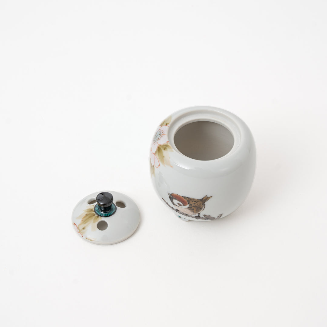 Nakamura Toshito Kutani ware mini incense burner Sakura and Sparrows, view 10