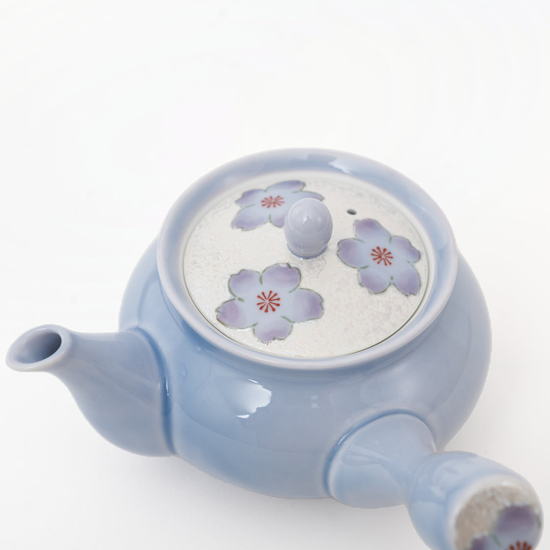 Purple iridescent sakura kyusu teapot side view