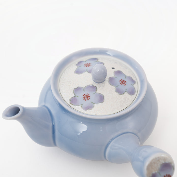Purple iridescent sakura kyusu teapot side view