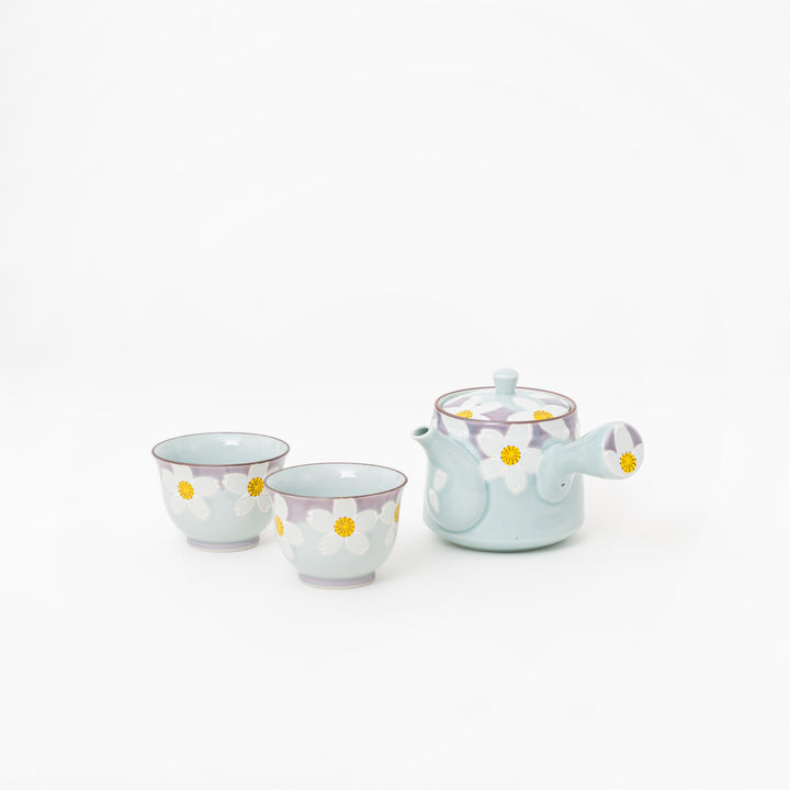 Japanese pale celadon floral teapot and sencha tea cup gift set with wooden box