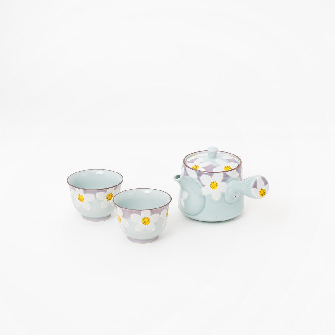 Japanese ceramic sencha cup with pale celadon floral glaze
