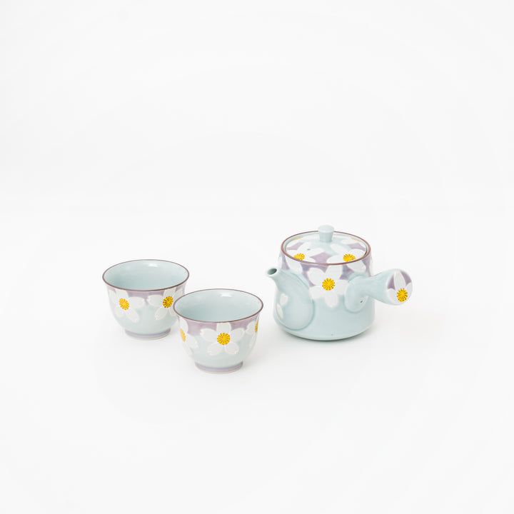 Japanese ceramic sencha cup with pale celadon floral glaze