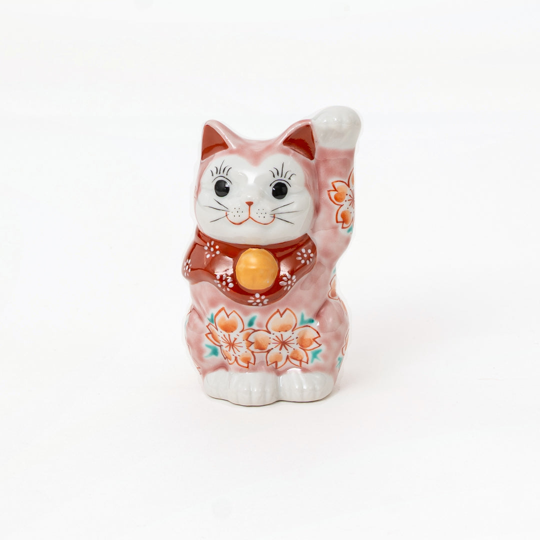 Kutani ware pink sakura maneki neko lucky cat figurine K9-1571 front view