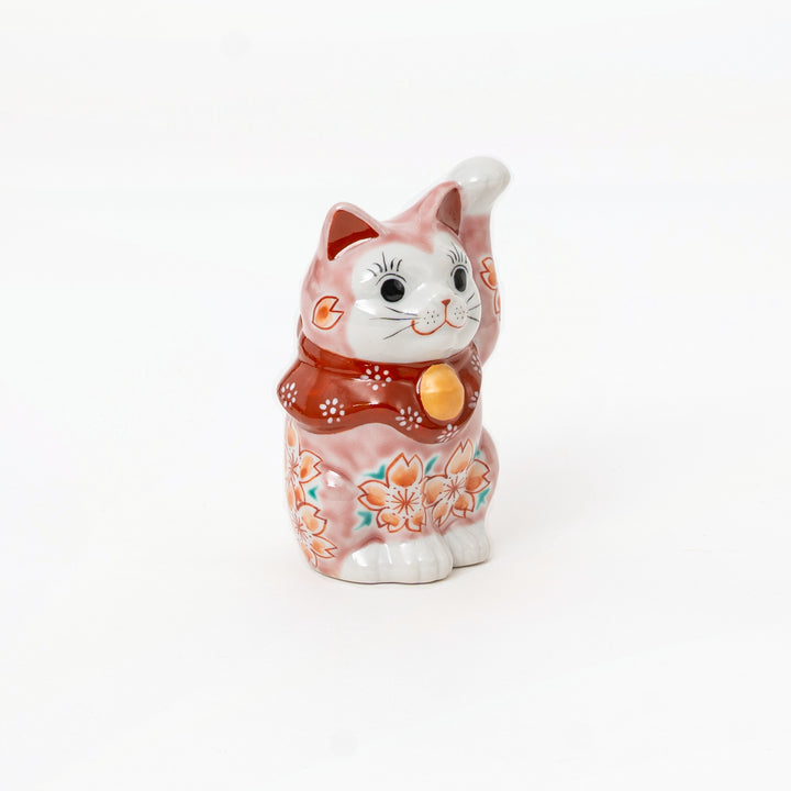 Japanese porcelain pink cherry blossom lucky cat figurine 4 inches tall