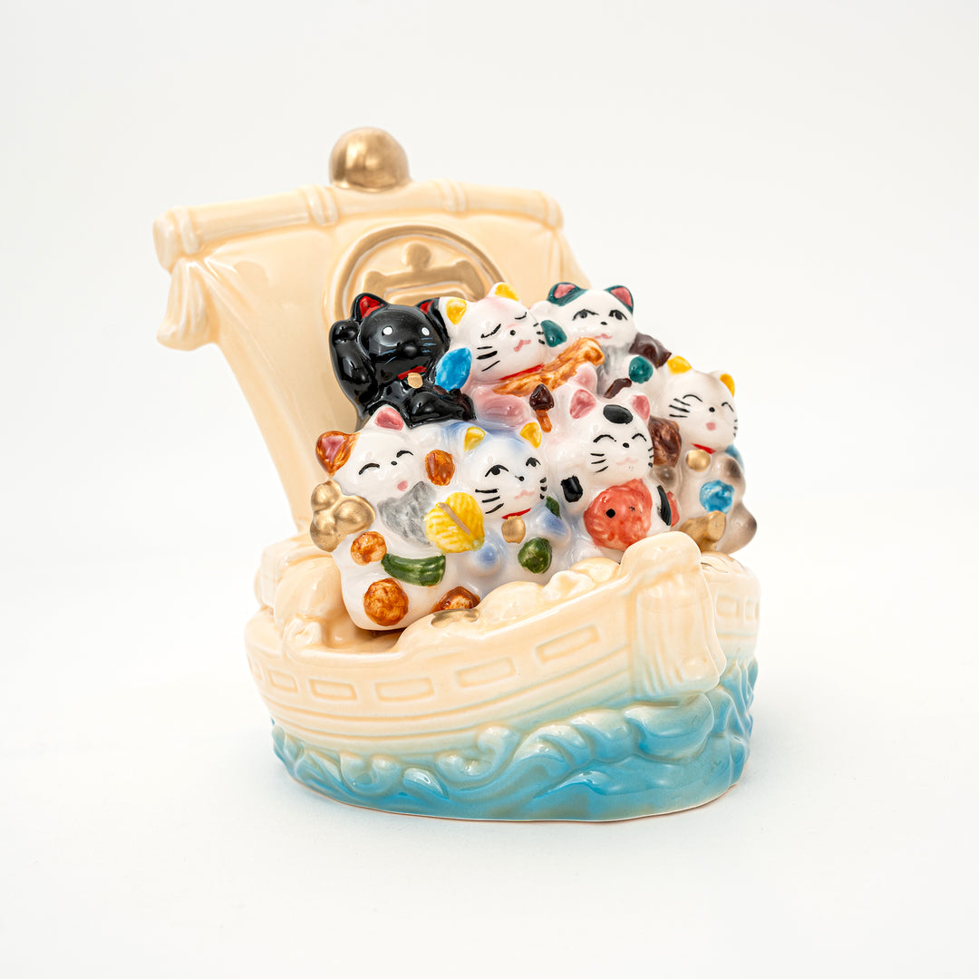 Handmade Seven Lucky Cats Treasure Ship