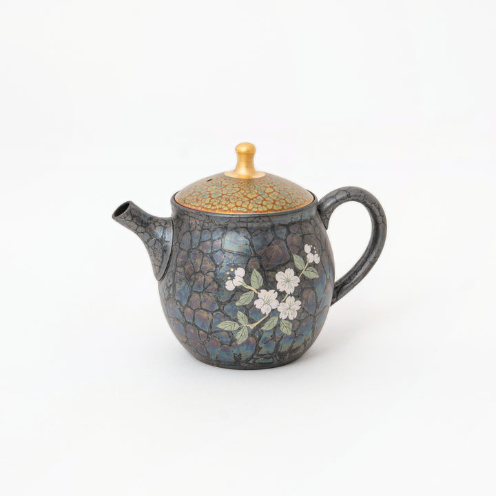 Japanese Shoryu Tenmoku pottery teapot with cherry blossom decoration