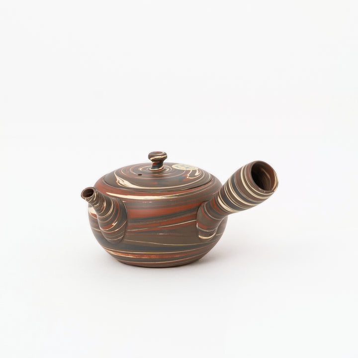 Tokoname Nerikomi reddish-brown side-handle kyusu teapot by Tosen, 200 mL