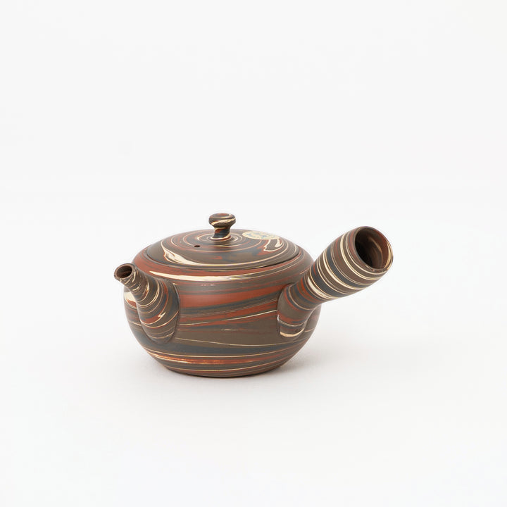 Reddish brown Japanese nerikomi round kyusu teapot side handle