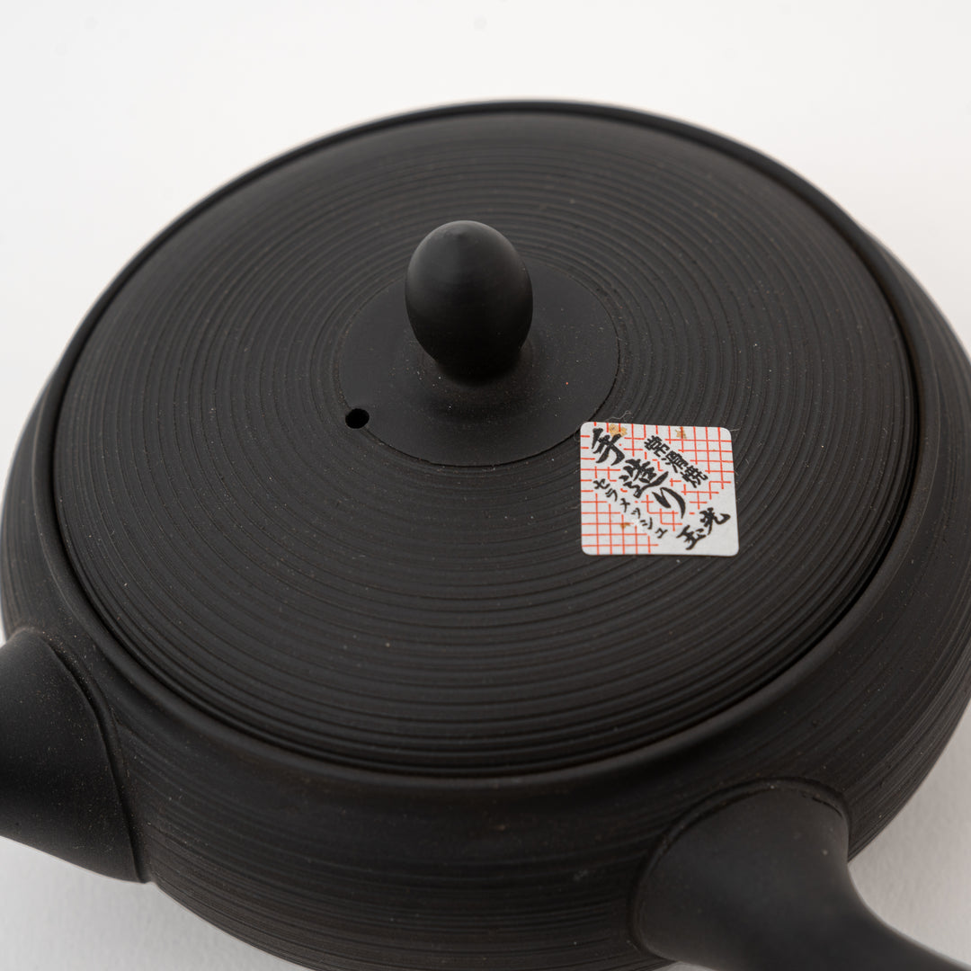 Black ceramic flat-body Japanese kyusu by Gyokko Kiln