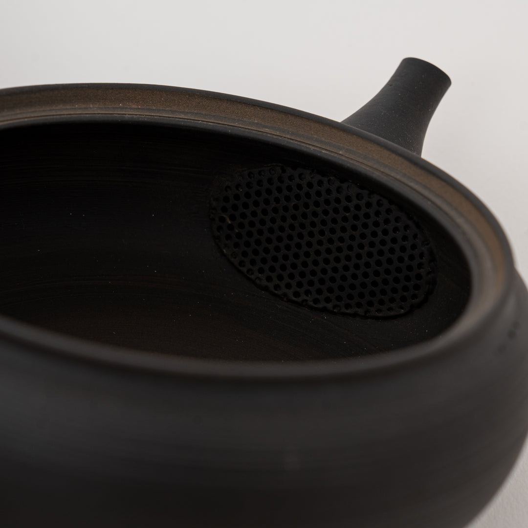 Traditional Tokoname ware black tiered-line kyusu teapot