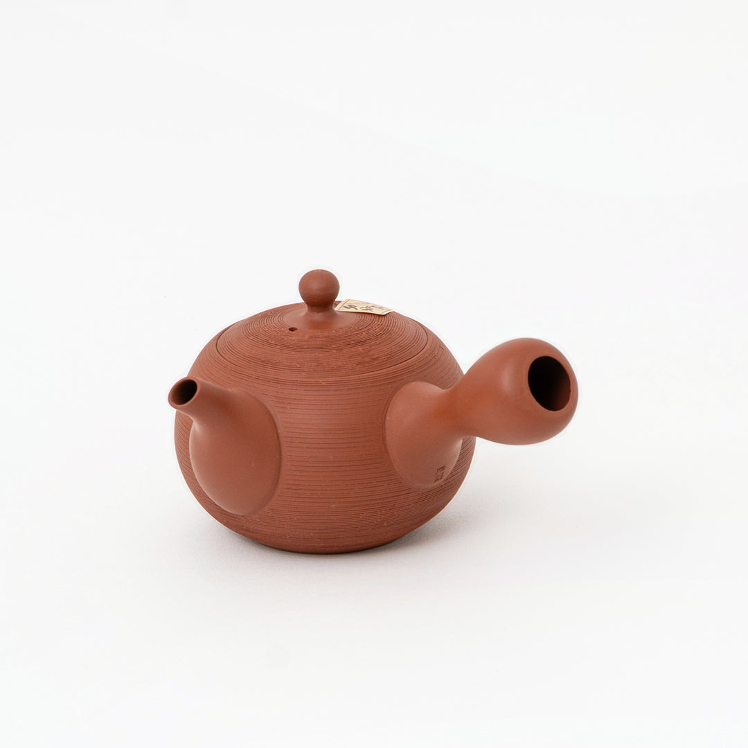 Japanese red clay kyusu with rounded body and traditional side handle