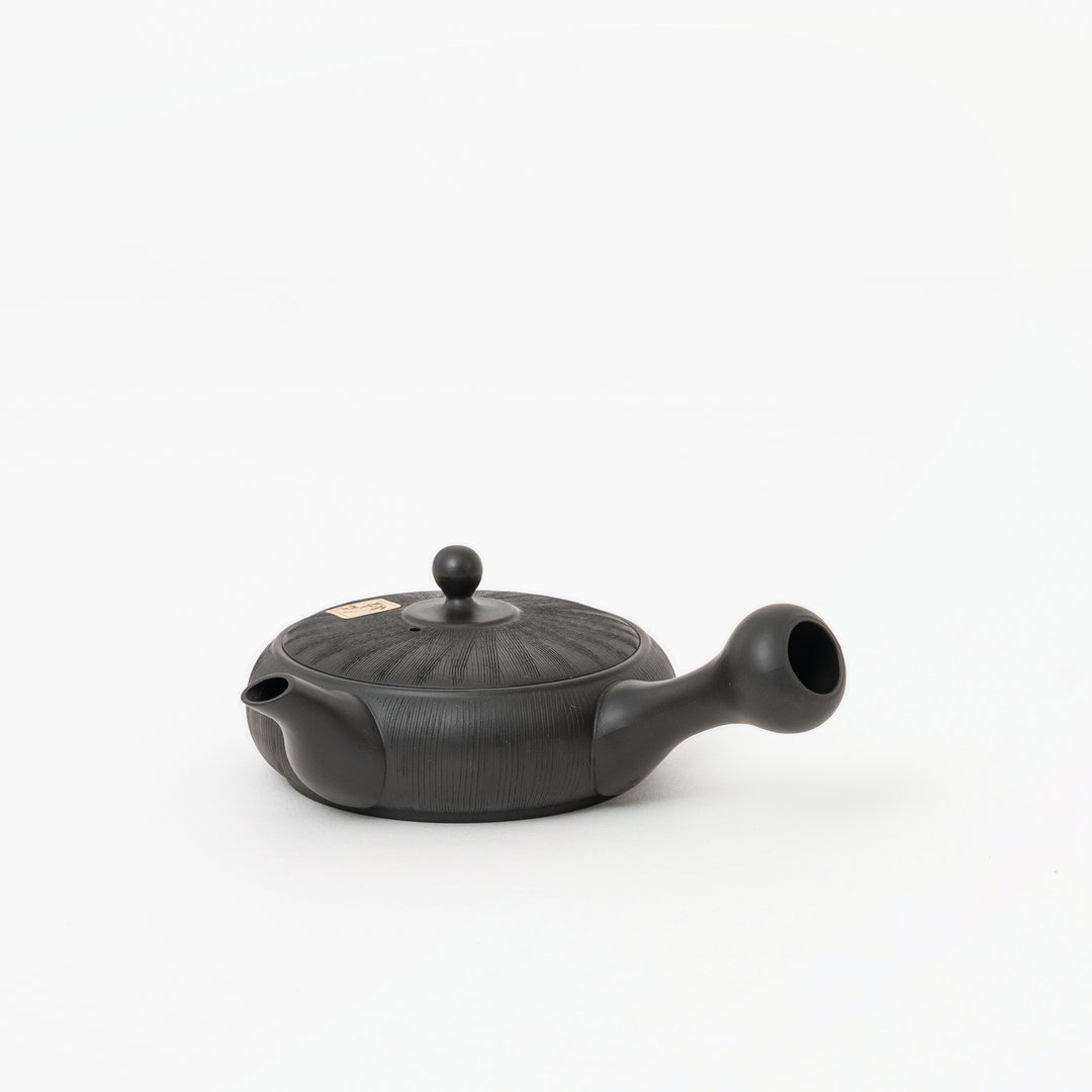 Black Tokoname yohen kikume flat kyusu teapot from Sekiryu Kiln, 200 mL