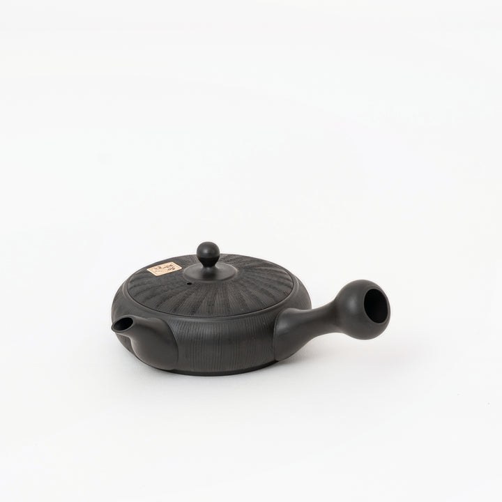 Low-profile black Tokoname Japanese kyusu teapot with side handle