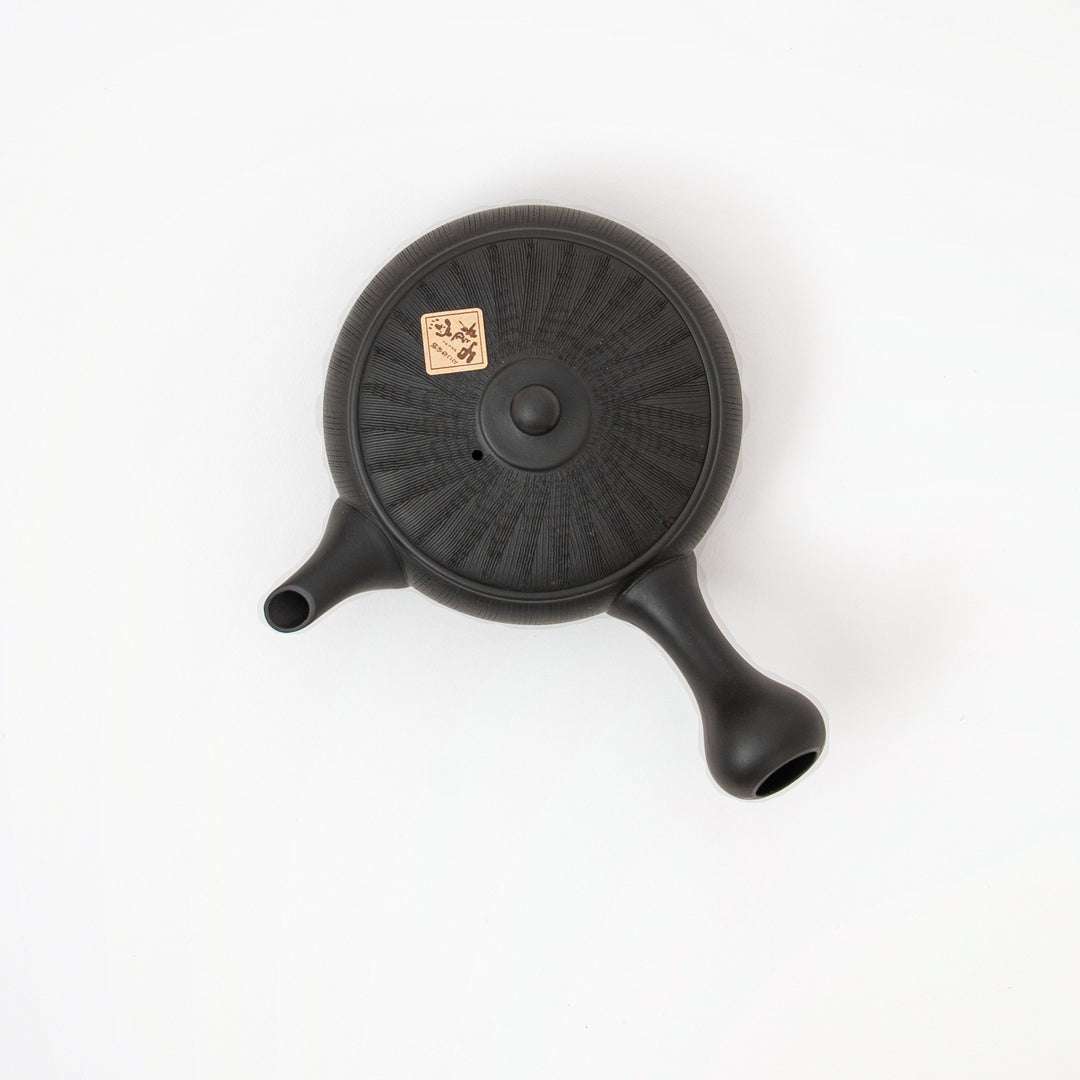 Sekiryu Kiln black yohen Japanese flat side-handle teapot