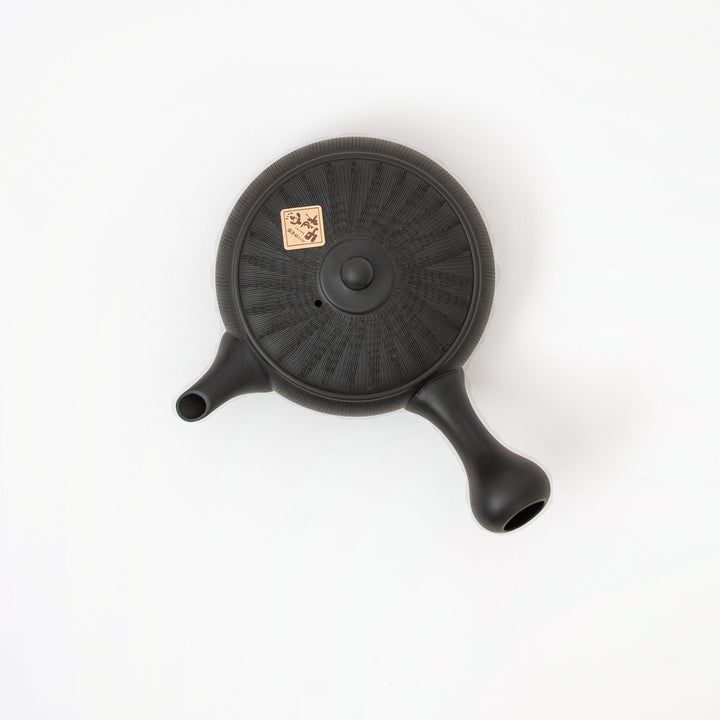 Sekiryu Kiln black yohen Japanese flat side-handle teapot