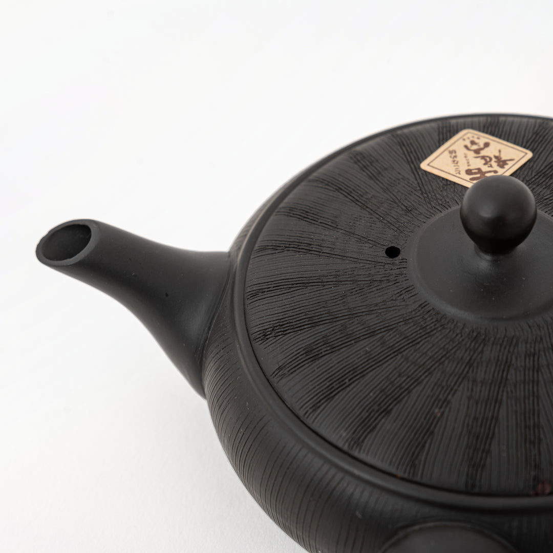 Black flat kyusu teapot from Sekiryu Kiln with ceramic mesh filter